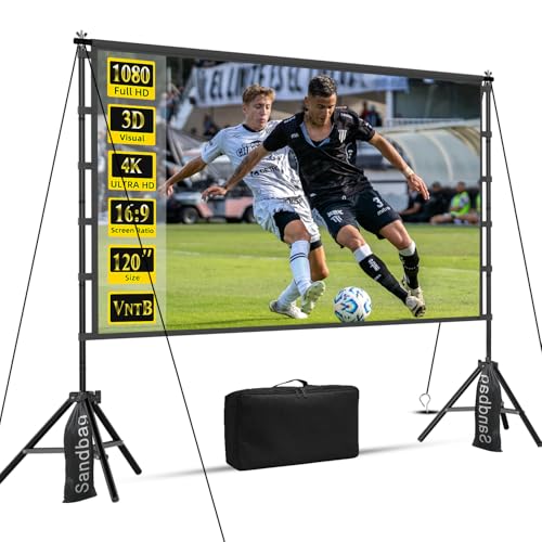 Image of 120 inch Projector Screen with Stand, Portable Outdoor Projection Screen Rear Front Movie Screen with Carry Bag Wrinkle-Free 16:9 4K Washable for Indoor Home Theater, Backyard Movie Night 120inch