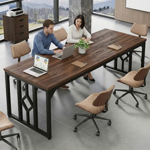 Image of Executive Computer Desk|Large Workstation Tables for Home & Workplace | Wooden Top with Heavy-Duty Metal Frame|office table for work| Conference Setup & Director Use|Rustic Brown|200x70x75 CM
