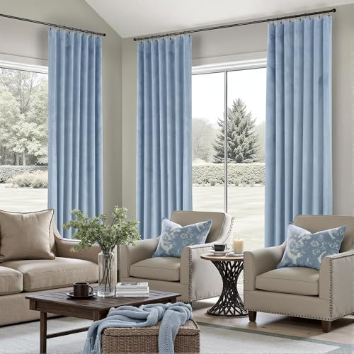 Image of Dusty Blue Velvet Curtains 84 Inches Long 2 Panel Back Tab Rod Pocket Thermal Insulated Room Darkening Stone Light Blue Blackout Curtain for Living Room Bedroom Floor Length Slate Grey Blue Gray Drape
