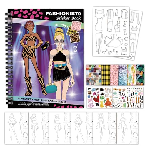 Libro Adesivi Design Fashion - Kit Arts Mestieri Fai da Te per Ragazze | Set Attività Vestire Principessa | Crea Tuoi Abiti Album Schizzi con Stencil - Giocattolo Viaggio per Bambini Piccoli Età 4-8
