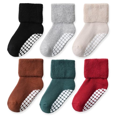 EPEIUS Toddler Socks: Thick Warm Cotton Crew Socks with Grips, Non-slip for Boys/Girls - Assorted 6 Pack, 12-36 Months