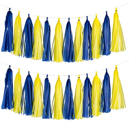 Image of 20pcs Blue and Yellow Shiny Tassel Garland Banner Tissue Paper Tassels for Party Decorations