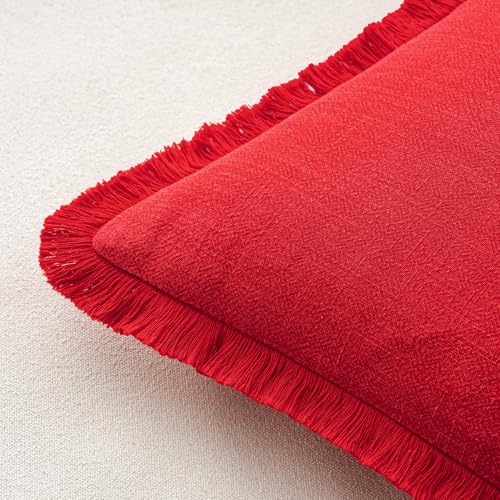 Image of MIULEE Decorative Throw Pillow Covers Neutral Linen Fringe Throw Pillows Set of 2 Red Boho Farmhouse Cushion Covers with Tassels for Couch Sofa Bed Living Room Spring Home Decor 18x18 Inch