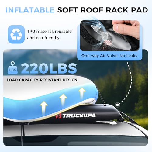 Image of Truckiipa Universal Soft Roof Rack Pads，2 Pcs Inflatable Roof Rack for Kayak Surfboard SUP Canoe, Reusable Heavy Duty Car Roof Racks System with Straps, Air Pump, Hood Loops and Storage Bag, 44inch