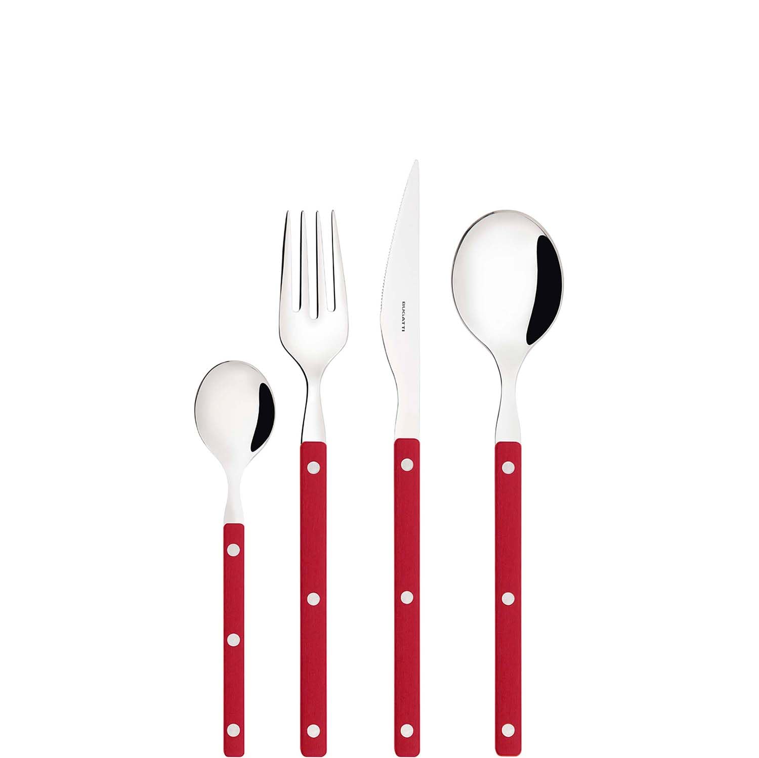 BUGATTI, Allegra, Cubertería de 24 cubiertos de acero inoxidable 18/10, servicio de cubiertos para 6 personas, incluye 6 cucharas, 6 tenedores, 6 cuchillos y 6 cucharaditas. (Rojo)
