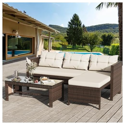 Shintenchi Outdoor Patio Furniture Sets, Wicker Patio sectional Sets 3-Piece, All Weather Wicker Rattan Patio Seating Sofas with Glass Coffee Table and Cushion (Beige)