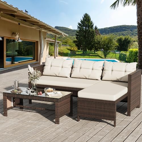 Shintenchi Outdoor Patio Furniture Sets, Wicker Patio sectional Sets 3-Piece, All Weather Wicker Rattan Patio Seating Sofas with Glass Coffee Table and Cushion (Beige)