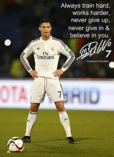 Póster A3 firmado por Cristiano Ronaldo # 84 – Fútbol – Fondo del logo del Real Madrid – Póster A3 – Impresión – imagen