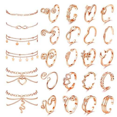 ORAZIO Toe Rings and Ankle Bracelets for Women Rose Gold Plated Anklet Toe Rings Cute Layered Anklets Open Tail Ring Adjustable Beach Foot Jewelry for Summer Rose Gold