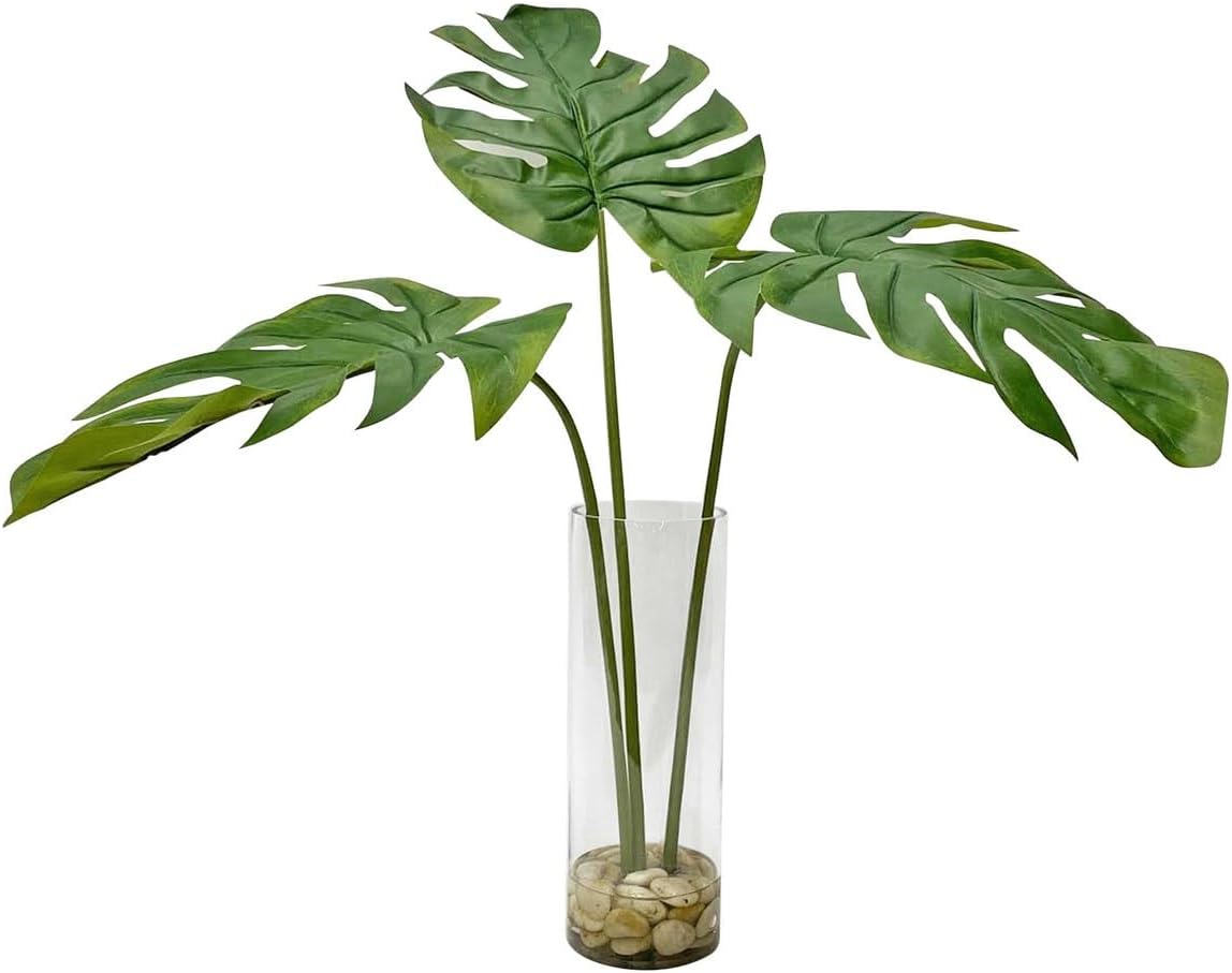 Elegant Wide Split Palm Leaf Faux Floral Leaves Glass Vase Natural Stone Filler