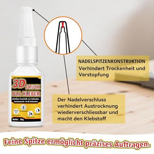 3D Druck Kleber, Sekundenkleber extra stark 30g mit Anti-Verstopfungskappe, Transparenter Pla Kleber für ABS, PLA, PETG, TPU, Kraftprotz 3d Druck Kleber ist Hitzebeständig & Wasserdicht