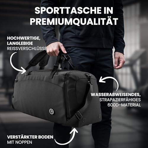 Sporttasche Trainingstasche + Rucksack-Funktion, Schuhfach, Nassfach | 40/60L Reisetasche Schwimmtasche Fitnesstasche Sport Gym Fitness Umhängetasche Handgepäck Weekender Bag Reise Tasche Herren Damen