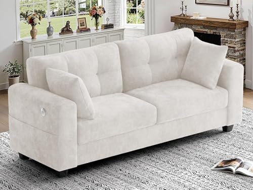 Image of 70 inch Loveseat Sofa for Living Room, Chenille Cloud Couch with USB /Type-C Charging Ports, Side Pockets, Removable Cover, Wide Armrests, Small Couch for Small Space, Easy Assembly, Beige