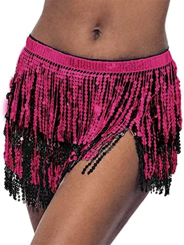 Flovel Womens Belly Dance Skirt Sparkly Sequin Skirts Fringe Hip Scarf Skirt Party Hip Wrap Skirts Rave Costume