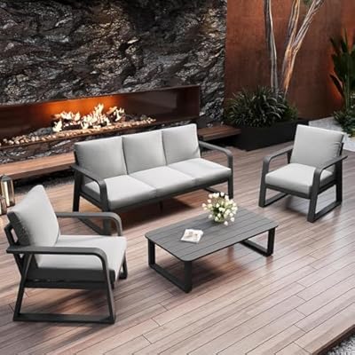KEIKI 4-Piece Aluminum Patio Conversation Sofa Couches Set with Coffee Table, Outdoor Furniture for Backyard Garden Deck Porch Balcony Poolside, All-Weather Heavy Duty UV Resistant Furniture, Grey