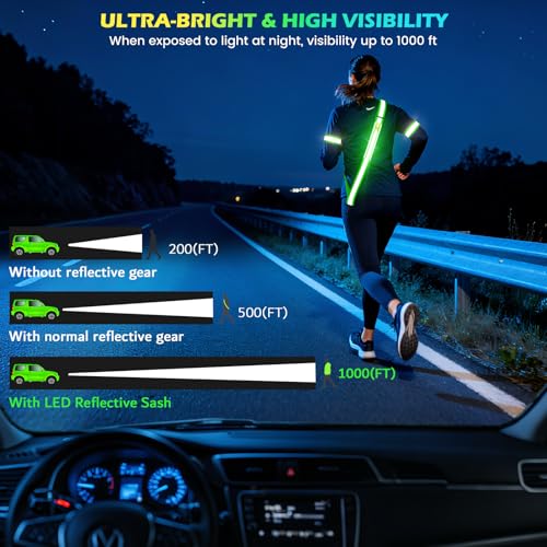 Reflektierende LED-Laufausrüstung, hohe Sichtbarkeit, reflektierende Gürtelschärpe mit Armband für Spaziergänge bei Nacht, verstellbare Lauf-Sicherheitsausrüstung, beleuchteter Laufgürtel für Läufer