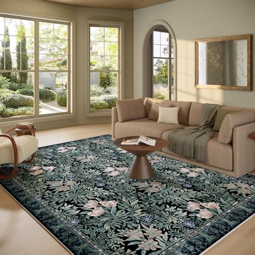 Image of Washable Area Rugs 8x10 Black Green Vintage Floral Botanical Pattern,Perfect for Living Room, Bedroom, Kids Room, Nursery - Stain & Water Resistant Non-Slip, Pet & Child Friendly /Bedroom Decor