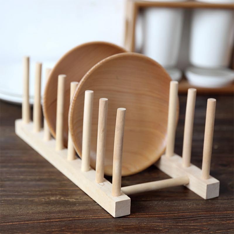 Promosyonca Ahşap Tabaklık, Doğal Ahşap Mutfak Organizeri, 28x13x10 cm, 6 Bölmeli Tabak Tutucu
