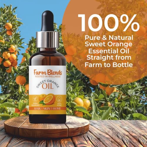 Image of Farm Blends Sweet Orange Essential Oil 100% Undiluted Pure | Reduces Sun Tan, Nourishes Hair & Skin, Boosts Energy | Farm To Home | Natural | Citrus sinensis|30ML + 30ML (Pack of 2)