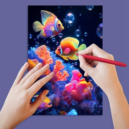 georgie porgy scratch paper art set for kids adults magic rainbow scratchboards for diy arts and crafts kits christmas birthday gift with scratching tools kit a4-noctilucent whale  sea world