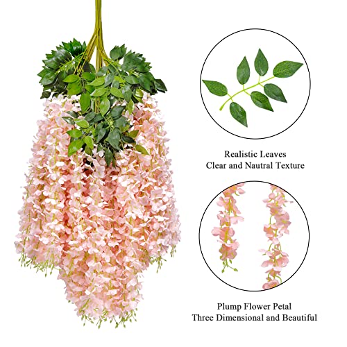 Pauwer 12 Pack Fake Flowers Wisteria Artificial Flower Garland Silk Wisteria Hanging Flowers Vine Rattan String Artificial Flowers For Home Garden Wedding Party Decorations,Blush Pink #TOP1