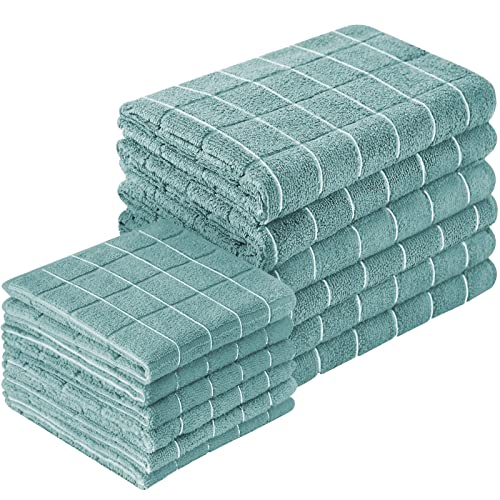 Puomue Microfiber Kitchen Towels and Dishcloths Set, 26 X 18 Inch and 12 X 12 Inch, Set of 12 Bulk Lint Free Dish Towels for Drying Dishes, Lake Blue