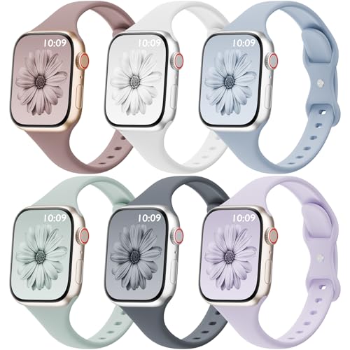 Image of 6 Pack Thin Silicone Compatible with Apple Watch Bands Women Men | Sport Strap Narrow Wristband for iWatch 38mm 40mm 41mm 42mm 44mm 45mm 46mm 49mm Series 11 10 9 8 SE 7 6 5 4 Ultra 3 2 1