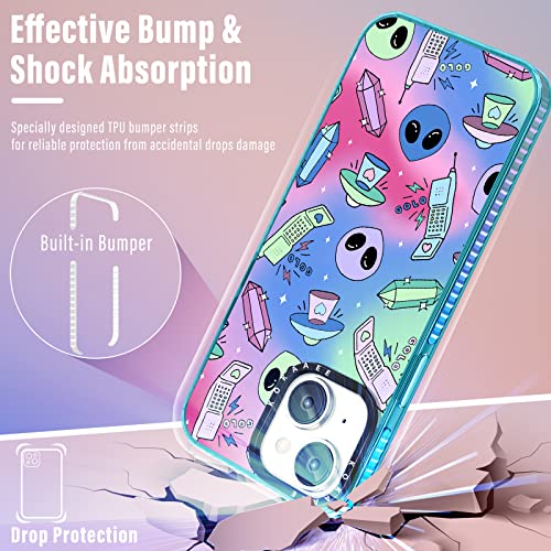 Kokaaee (2In1 For Iphone 14 Case Cute Alien For Women Girls Fun Ufo Phone Cases Cool Stars Alien Party Theme Design Soft Tpu Bumper Fashion Colorful Cover+Ring Holder For Iphone14 6.1" #TOP4