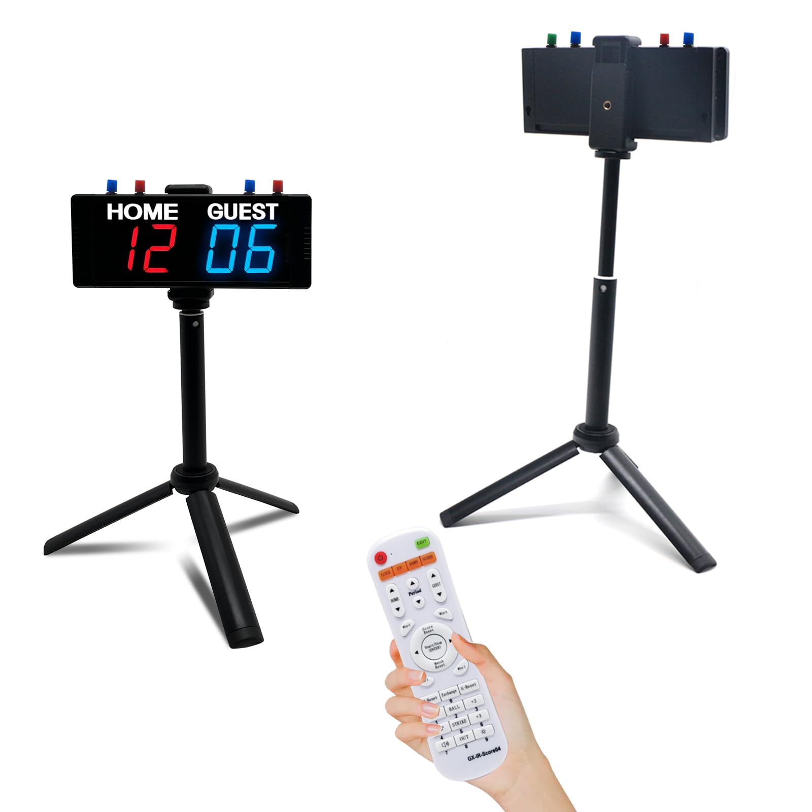 Ousmile Digital Scoreboard, Portable Electronic Scoreboard with Stand, Battery Powered Scoreboard with Remote, Clock Timer with Buttons, Score Keeper for outdoor Pingpong and Yard Games(Red+Blue)