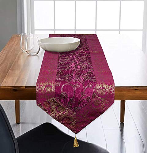 Image of Ari Zari Embroidery Table Runner for Dining Table 6 Seater 72IN Indian Satin Traditional Long Runner Up with Tassels Tablecloth for Room & Home Runner (Pink)