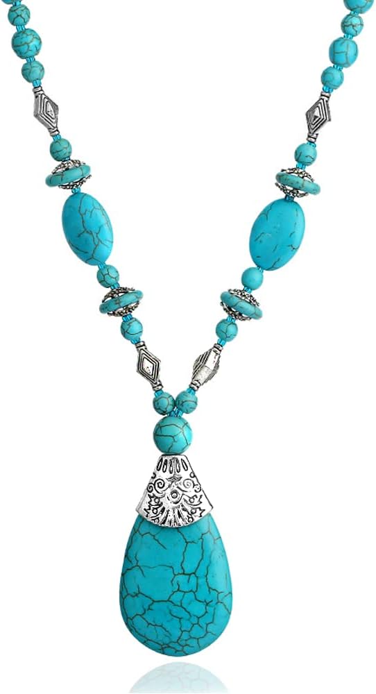 Bohemian Turquoise Necklace Set - Women's Western Jewelry with Long Choker, Pendant, Dangle Earrings, Layered Bracelets