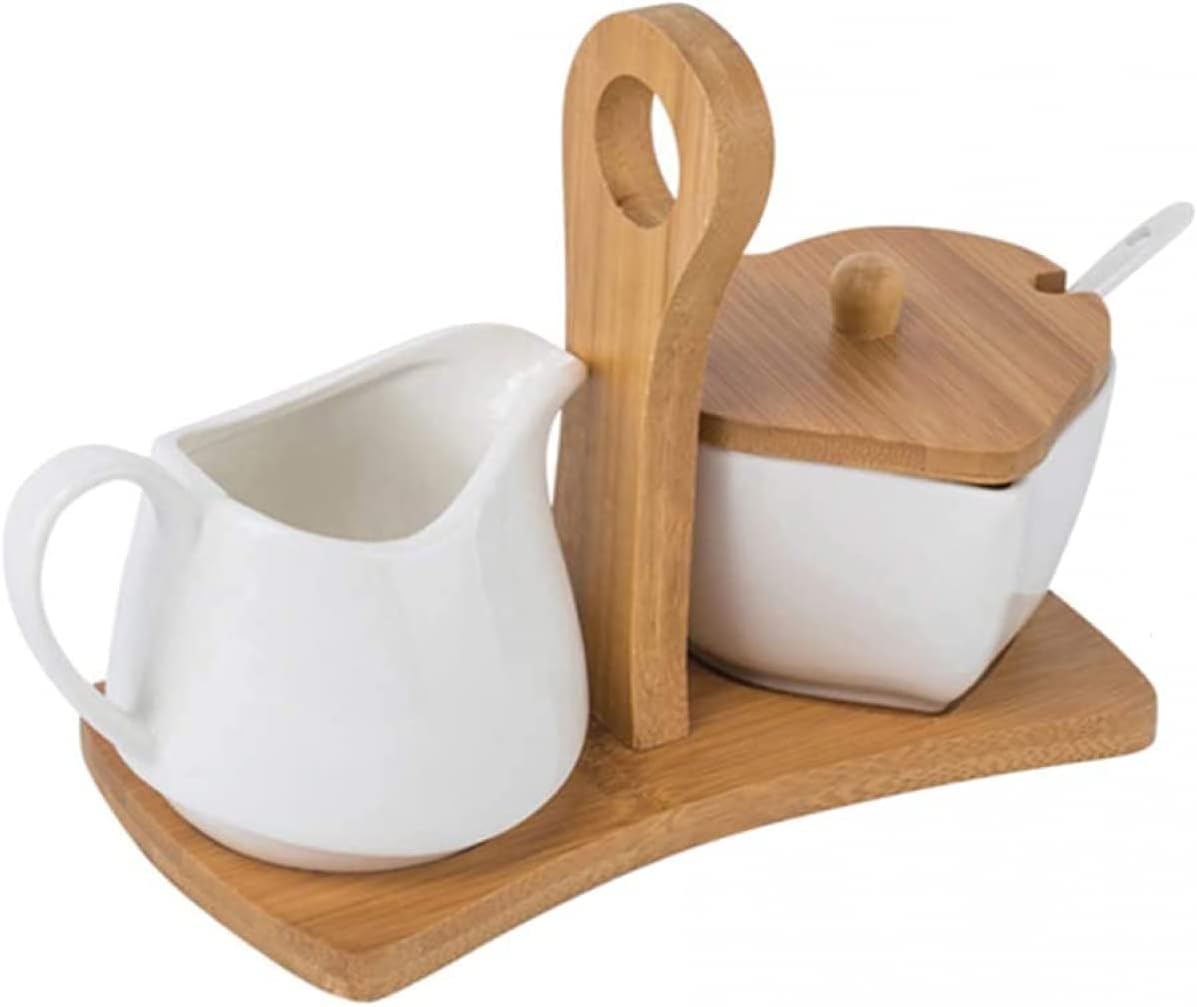 qiuqiu Sugar Bowl and Creamer Jug Set with Lid Spoon Ceramic Cream Jug Sugar Bowl Coffee Serving Set for Wedding Gift Kitchen Home Hotel