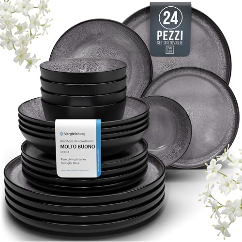 Servizio Piatti Ibiza in Ceramica per 6 Persone, 24 Pezzi Set Piatti Moderni Compatibile con Lavastoviglie e Microonde - grigio scuro - Set da Tavola e Cucina di Pure Living