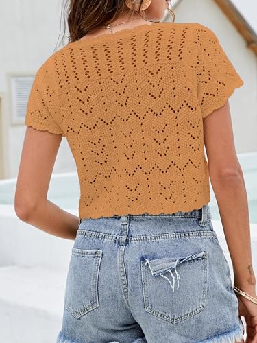 Image of Crochet Cardigans For Women Spring Summer Beach Short Sleeve Shrug Cropped Boho Lightweight Sweater Cover Up Tie Front Tops
