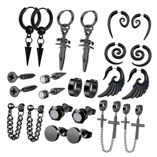 Pendientes negros de acero inoxidable para hombre de diseño elegante con juego de 12 pares ifundom