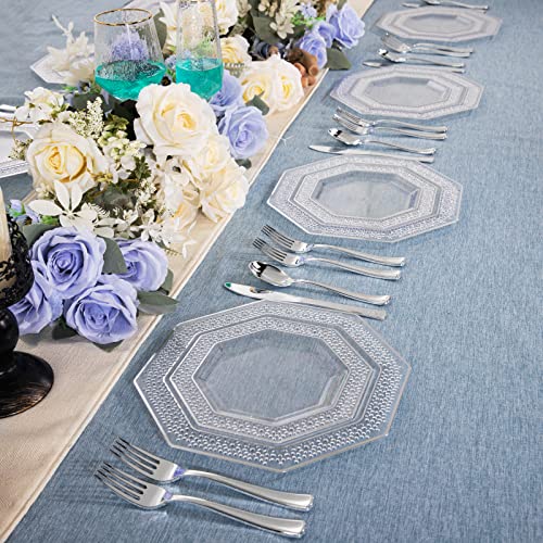 Wellife 150 Pcs Silver Plastic Plates With Silverware, Clear Disposable Plastic Dinnerware, Unique Silver Rims Design, Includes: 30 Dinner Plates, 30 Dessert Plates, 30 Cutlery For Weddings #TOP5