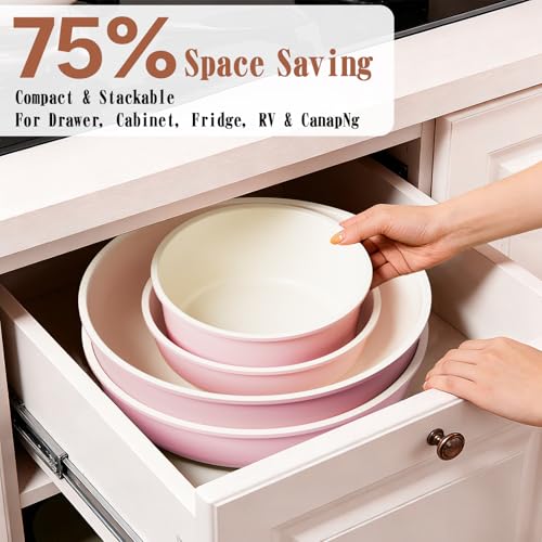 Image of Umite Chef Pots and Pans Set Non Stick, 21 pcs Nonstick Ceramic Cookware Set, RV Kitchen Cooking Set with Detachable Handles, Oven Safe, Induction Cookware, Stackable, Pink, PFAS PFOA & PTFE Free
