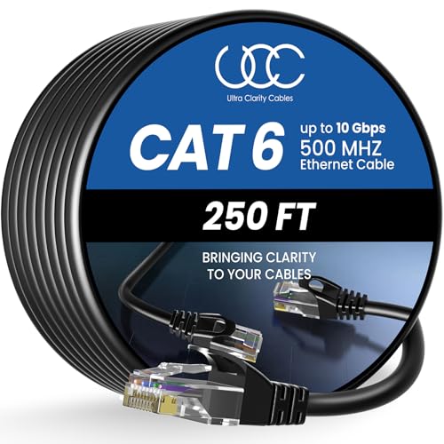 Ultra Clarity Cables Cat 6 Ethernet Cable 250 ft Outdoor&Indoor 10Gbps Ethernet Cable High Speed Cat6 Cable RJ45 LAN Internet Cable for Computer Router Modem PS4/5 Xbox Gaming - Black