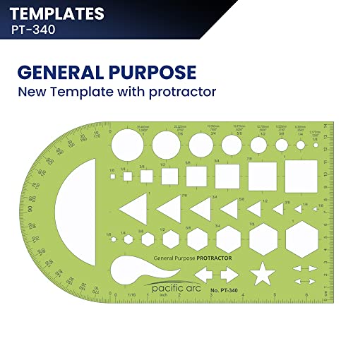 Image of Pacific Arc - General Purpose Template with Protractor - Drawing Aid Stencil for Professional or School Work - Size 5.5 inch x 9.5 inch