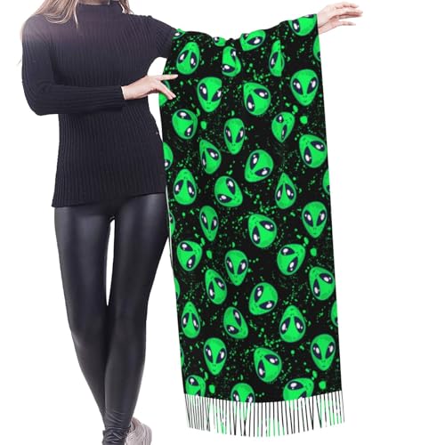 VOSERY Womens Scarf Pashmina Shawls Wraps - cute green alien Print Fashion Scarves Fall Winter Large Blanket Scarf4