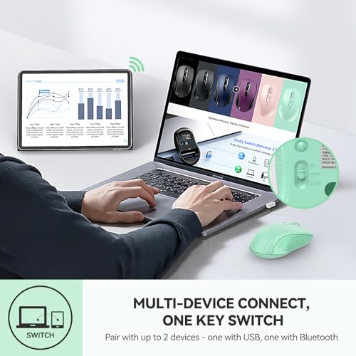 Image of TECKNET Bluetooth Mouse (BT 5.0 /3.0+2.4Ghz), 6-Level 4000 DPI Wireless Mice for Laptop, 2-in-1 Ergonomic Computer Portable PC Mouse, Silent Mouse with USB Receiver for Windows /Mac /PC /Notebook-Green