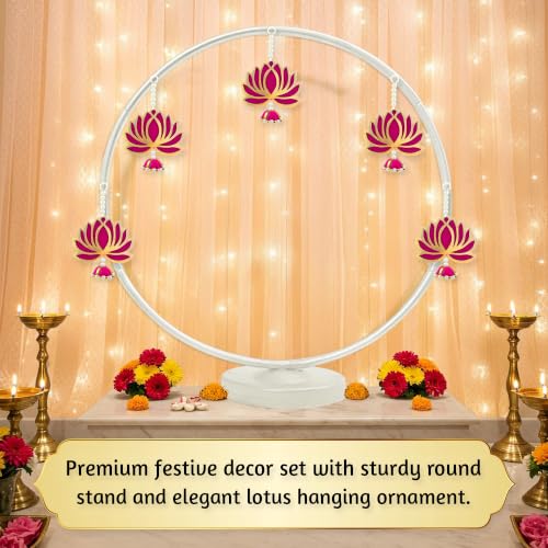 Image of SpecialYou Ganpati Decoration Setup for Home with White Round Backdrop Stand for Decor with Lotus Hangings | Ganpati Decoration Stand for Home | Ganapati Decorations Item- 6 pcs