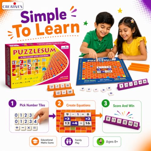 Image of Creative's Puzzlesum, Equation Scoring, Maths Board Games, 92 Number Tiles, 92 Equaliser Tiles, 4 Racks Colourful Board, Score Points by Making Equations, Educational Family Board Game Ages 8+