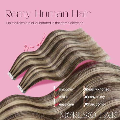 Moresoo Tape in Hair Extensions Human Hair Dark Brown with Caramel Blonde Hair Extensions Tape in Real Human Hair Extensions 24 inch 20 Pieces/50G #P4/27 - Image 2