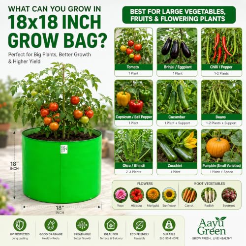 Image of Grow Bag UV Protected 260 GSM | HDPE Grow Bags for Plants | Heavy Duty Green Garden Plant Grow Bag with Drainage Holes | Reusable Vegetable Grow Bag for Terrace Gardening (2, 18X18 INCH)