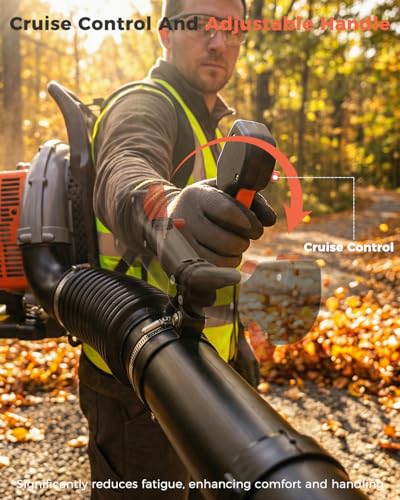 Image of HTK Backpack Blower, 63CC Gas Powered Leaf Blower with 665 CFM & 205 MPH for Commercial Lawn Care, Yard Debris & Snow Removal (Orange)