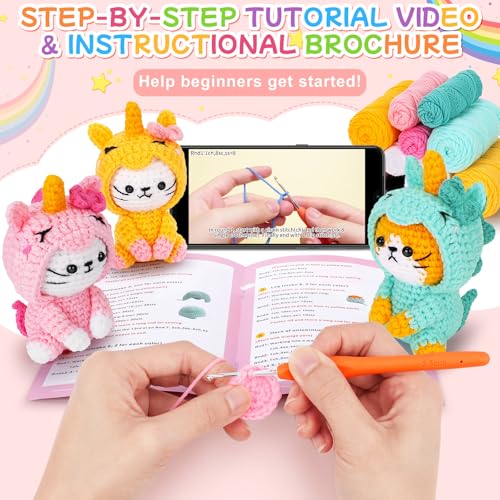 Image of Crochet Kit for Beginners - 3 PCS Unicorn Cat Crochet Kits with Step-by-Step Video Tutorials, Beginner Crochet Kit for Adults, Crochet Animal Kit for Starters, Cat Dressed as Unicorn Set