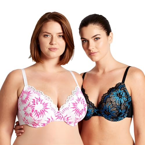 Image of Curve Muse Women's Plus Size Full Coverage Lightly Padded Underwire Lace Bra-2PK-Black/Blue,Cream/Fushia-32D (EU:70D)