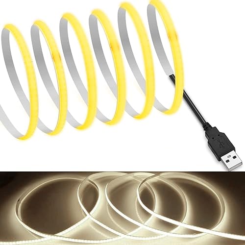 Miniatura 1 de MDee Tira de luz LED COB USB de 3.28 pies3.3 ft, cinta LED oculta de 0.197 in CC 5 V con 320 LEDsm para iluminación blanca cálida (4000 K).