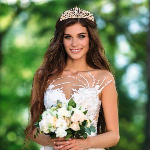 Image of Fesciory Birthday Crown for Women, Gold Plated Crystal Tiara with Sash